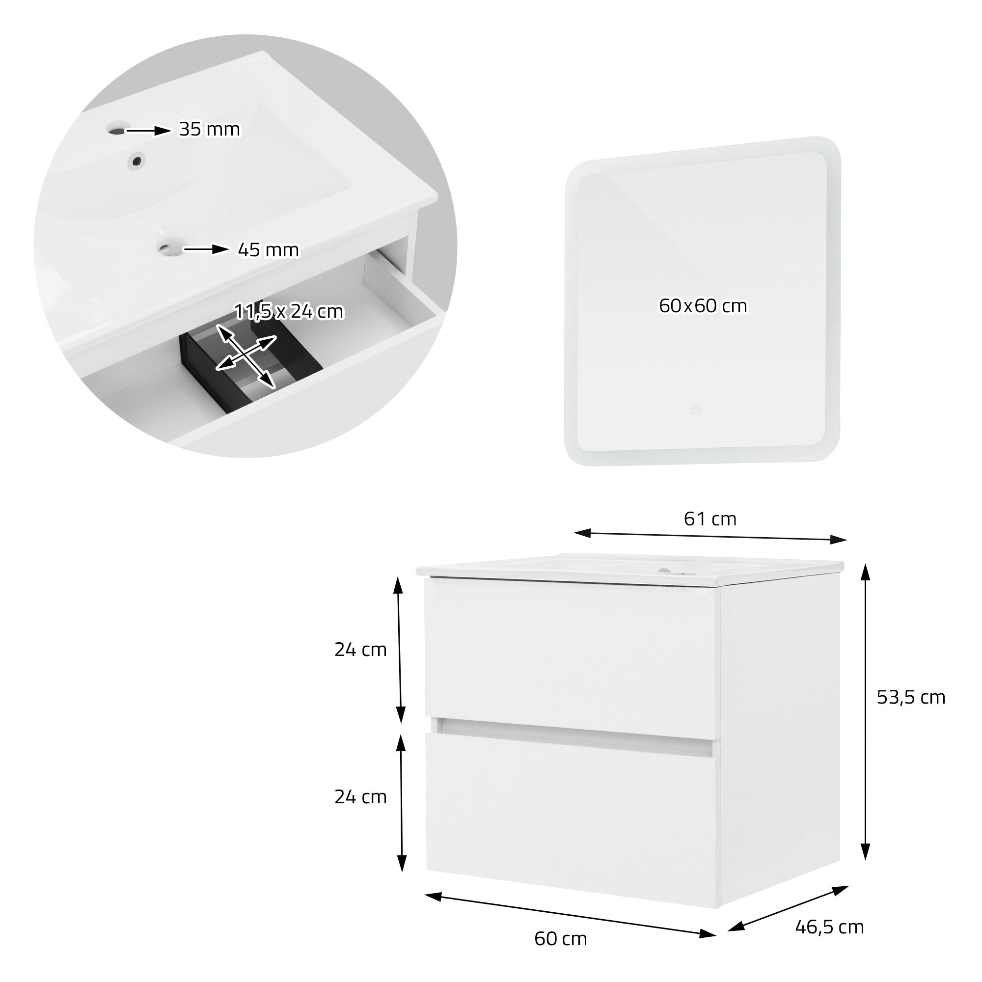 Mobile da bagno con dimensioni, lavabo e uno specchio.