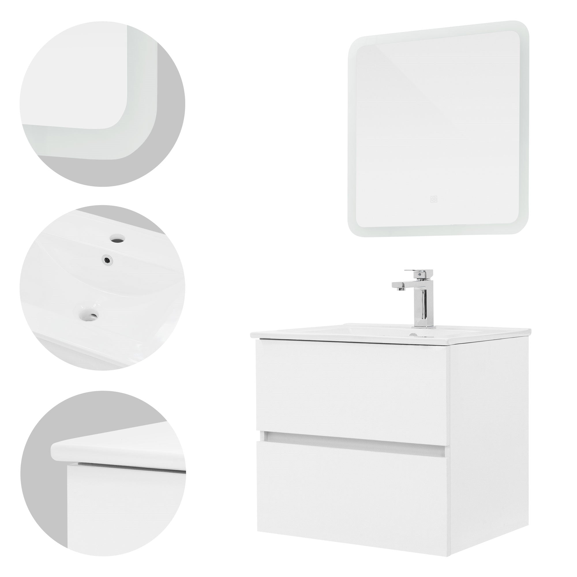 Mobile da bagno bianco con lavabo e specchio.