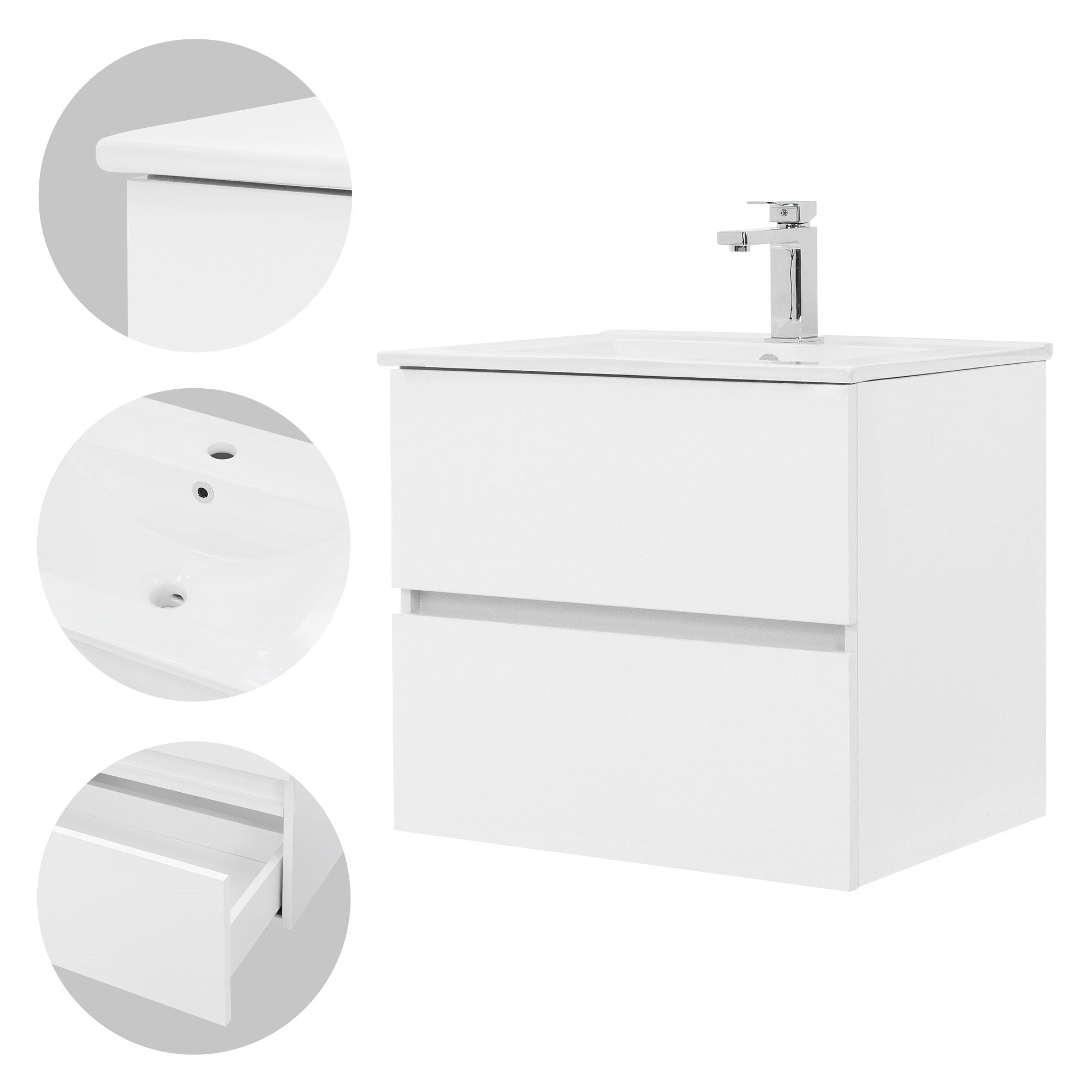Nahaufnahme des weißen Waschbeckenunterschranks mit Wasserhahn und Schubladen.