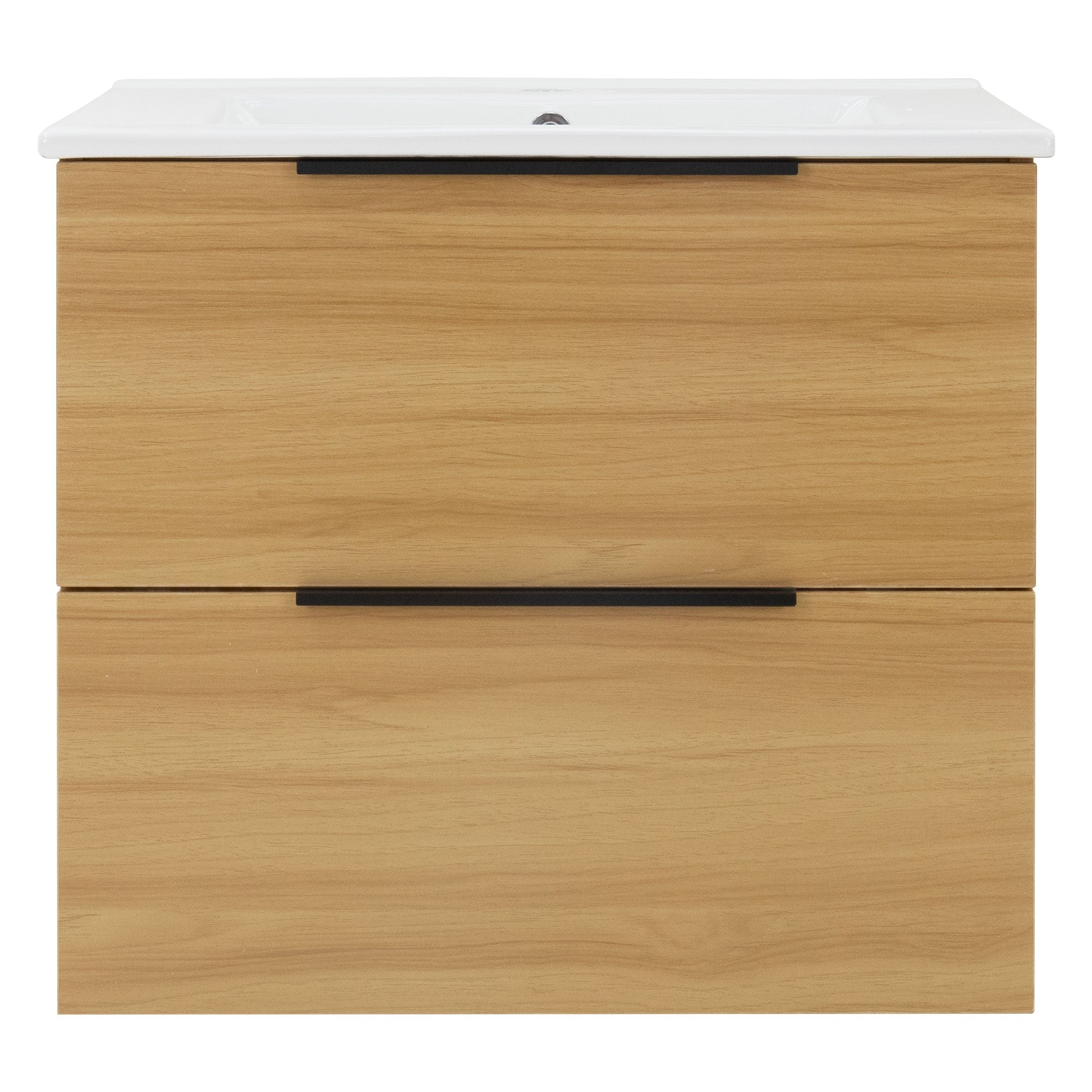 Front view of a wooden cabinet with two drawers and a washbasin.