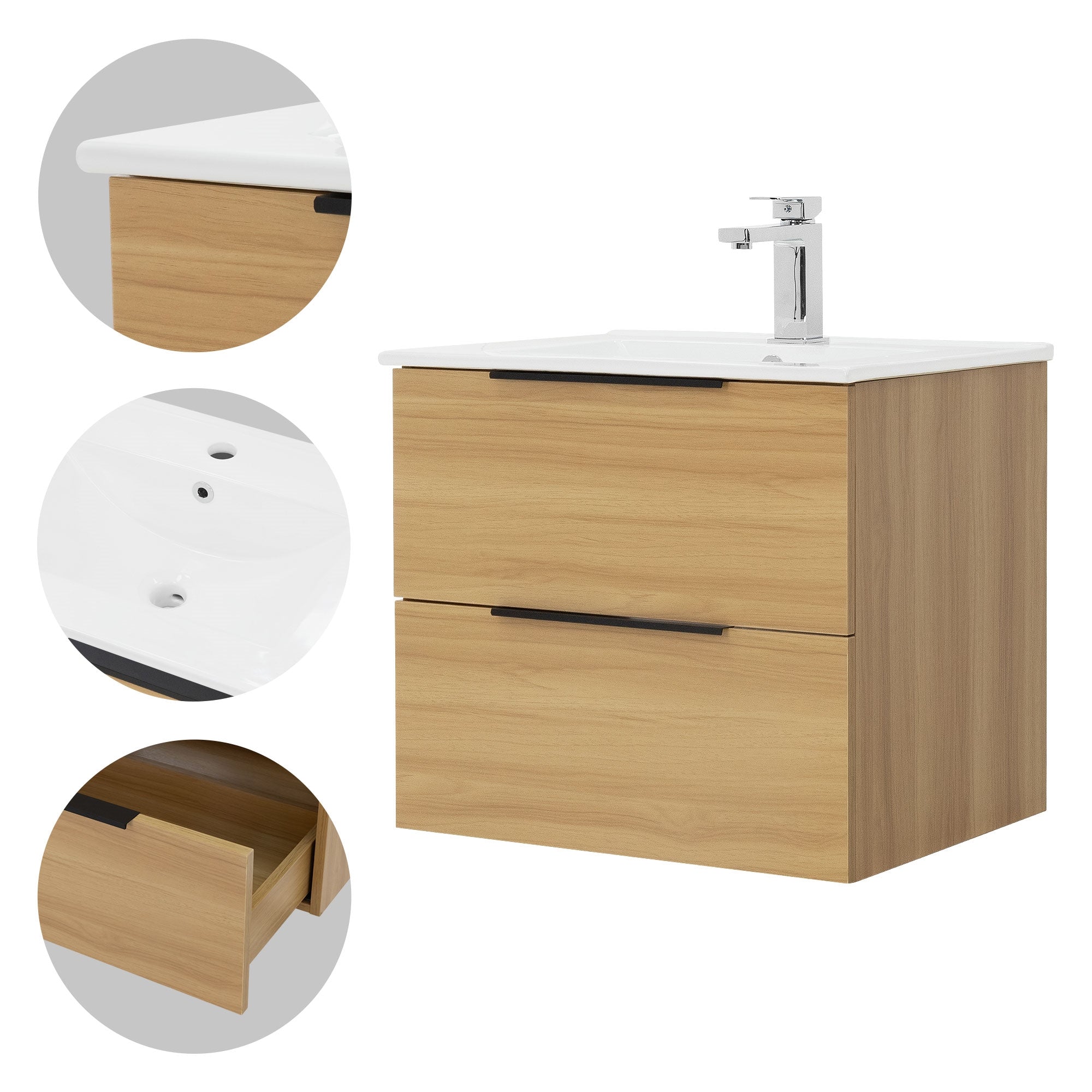 Close-up of a wooden washbasin with two drawers and a faucet.