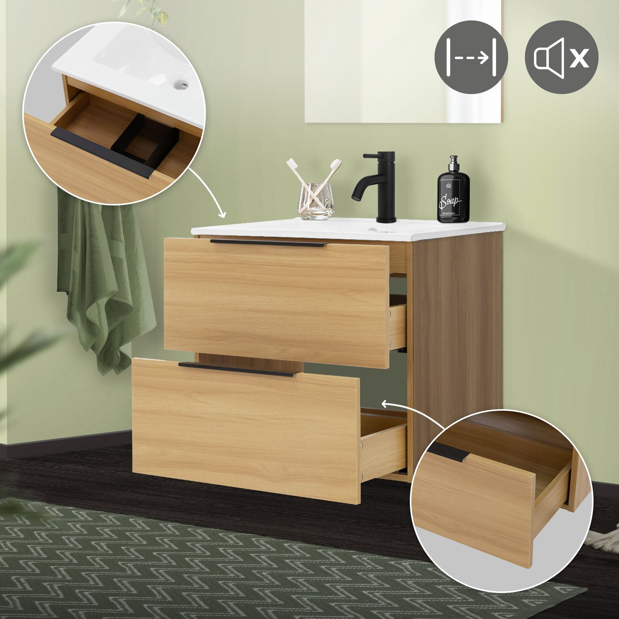 Washbasin with open drawers and black faucet.