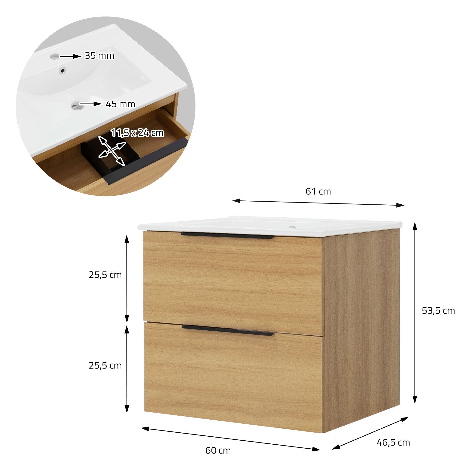 Wooden cabinet with two drawers and washbasin, dimensions provided.