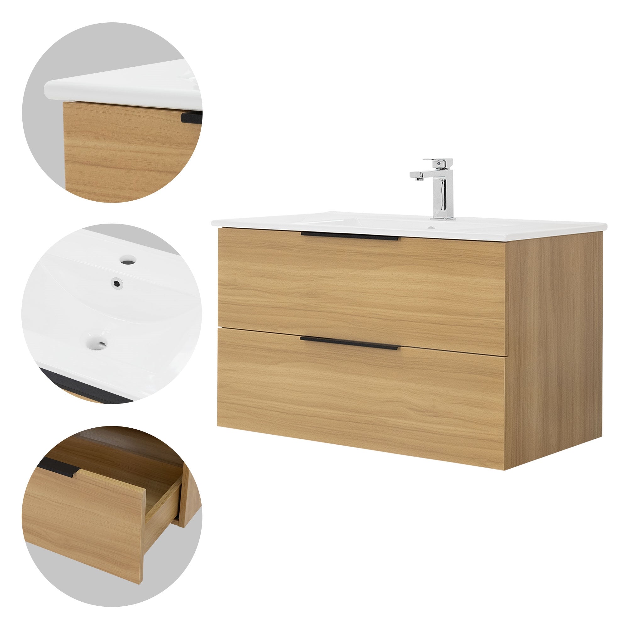Detailweergave van een houten wastafelonderkast met twee lades.