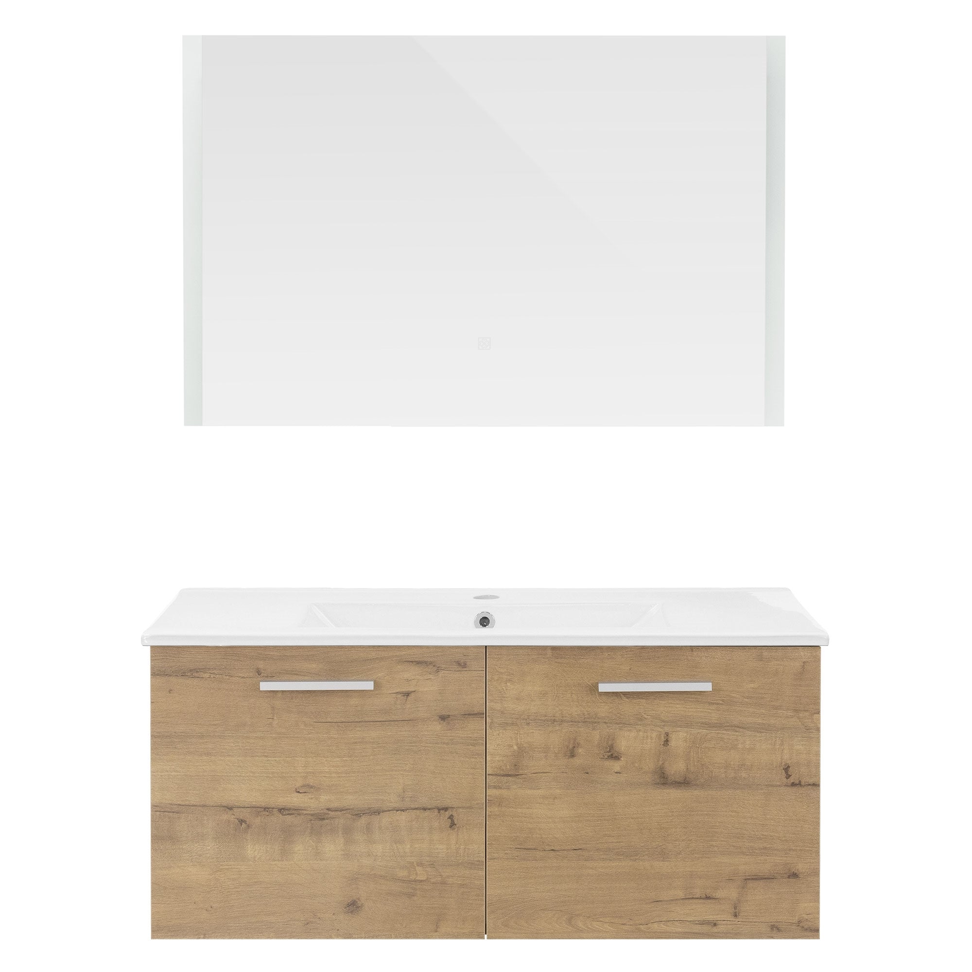 Mobile da bagno in legno con specchio sopra, due porte.