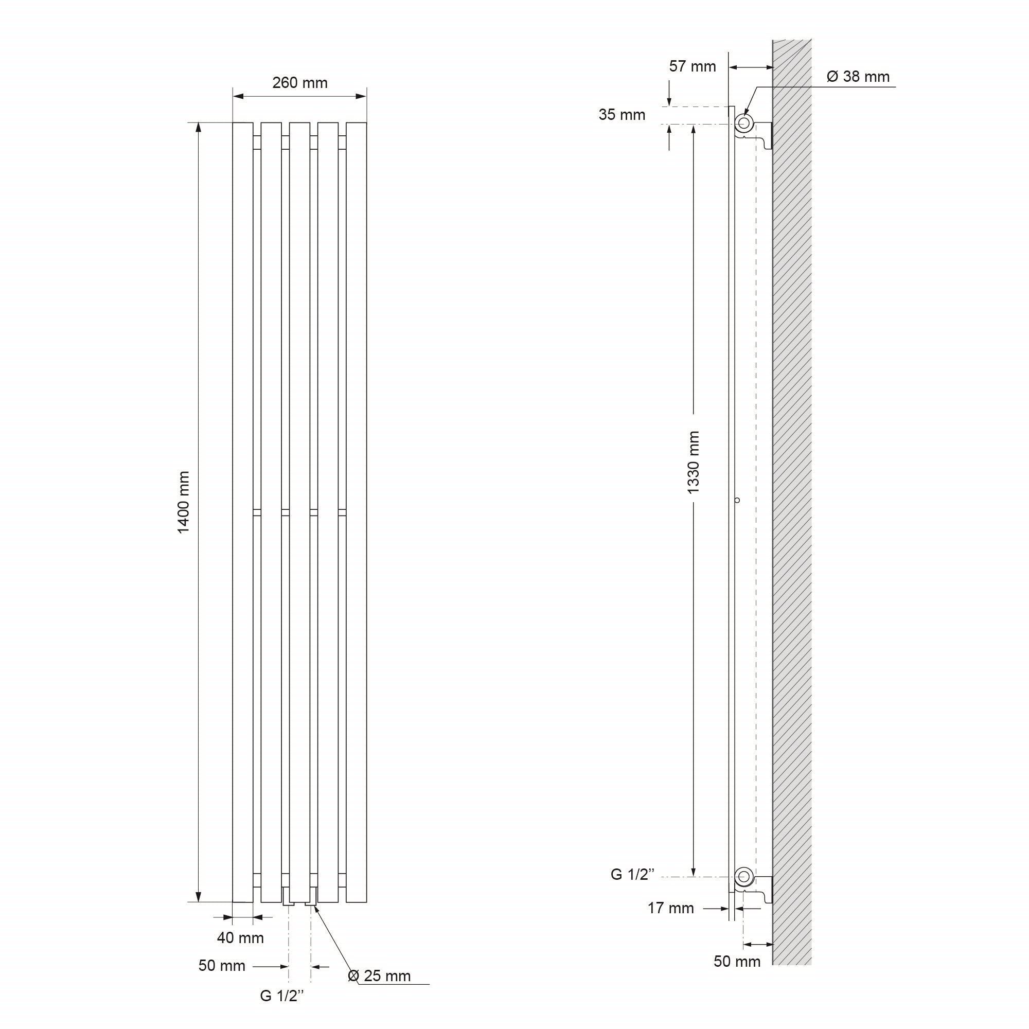 Disegno tecnico di un radiatore con dimensioni e dettagli.