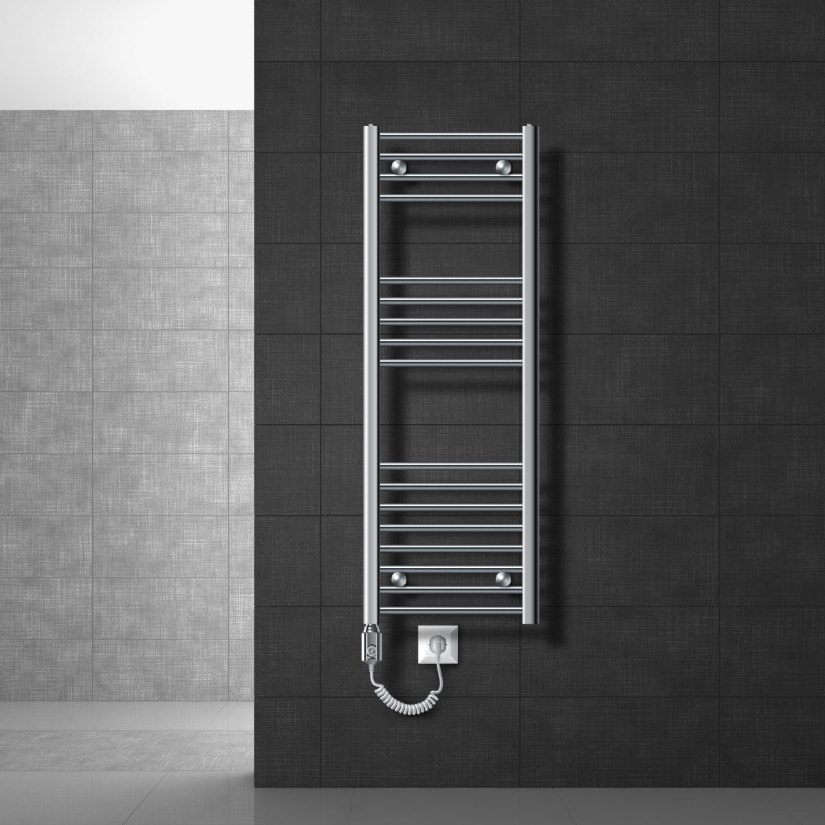 Un haut radiateur à serviettes électrique avec prise sur un mur.