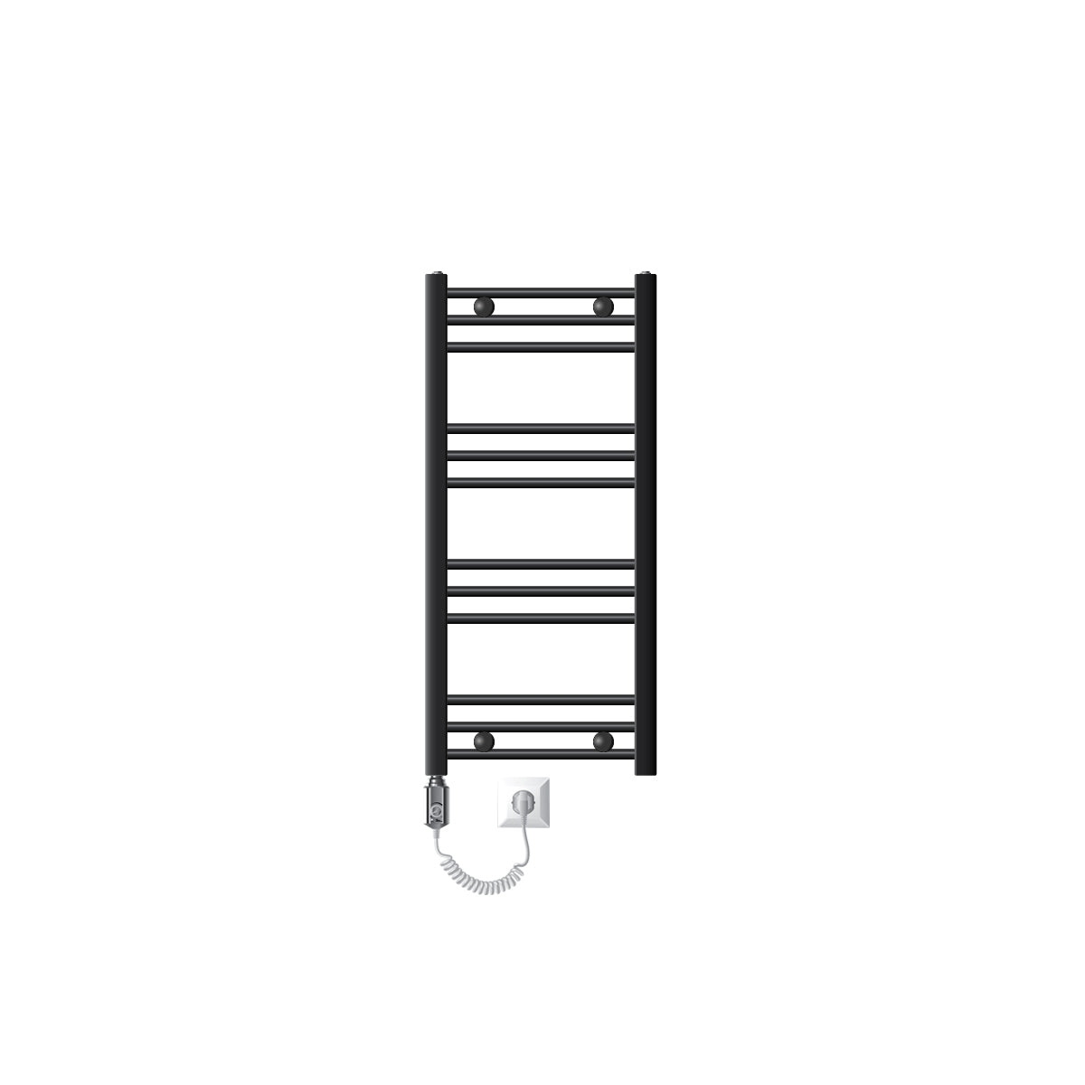 Black towel warmer with multiple horizontal bars.