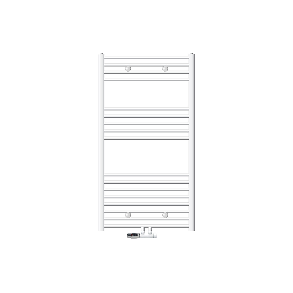 White towel radiator in front of a light wall.