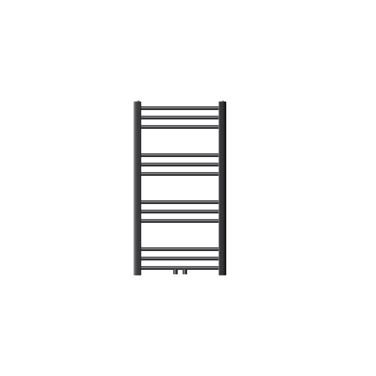 Un petit radiateur à serviettes vertical en anthracite avec barres horizontales.