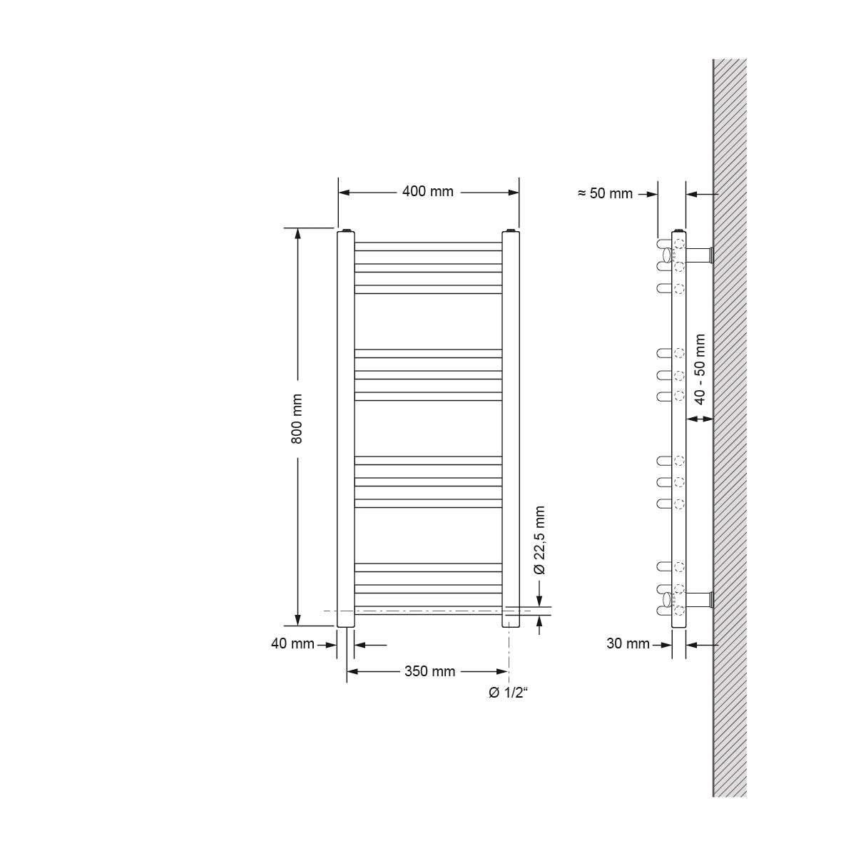 Buet radiator med 40 cm bredde og 80 cm højde.