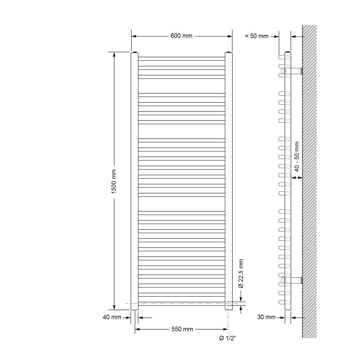 Zakřivený radiátor s šířkou 60 cm a výškou 150 cm.