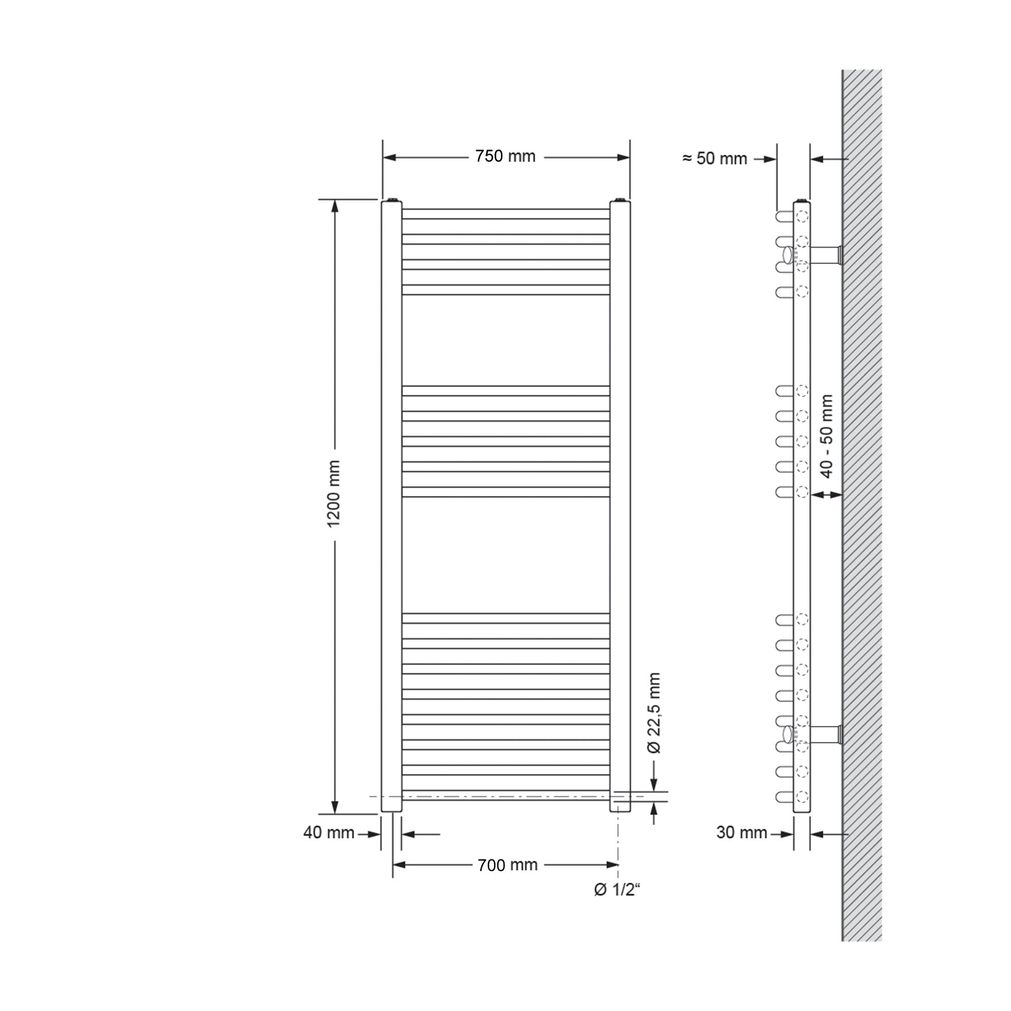 Bøjet radiator med 75 cm bredde og 120 cm højde, vertikale lameller.