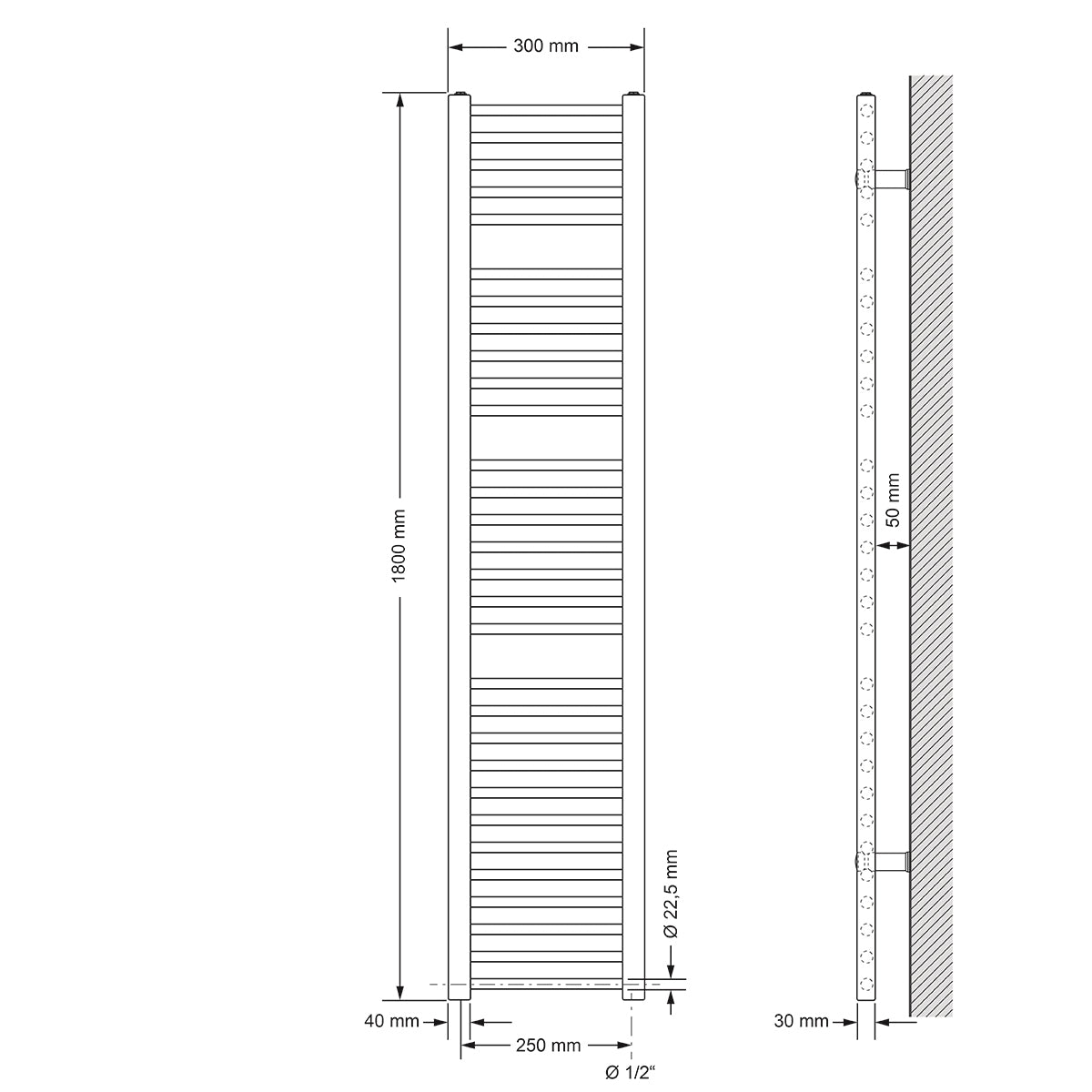 Technical drawing of a towel radiator with dimensions.