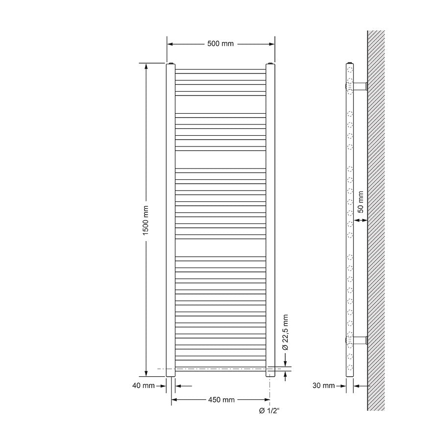 Technical drawing of a straight radiator with dimensions.