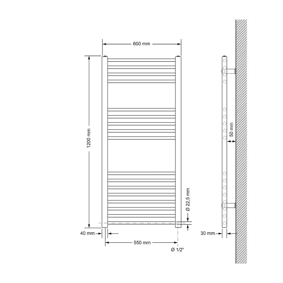 Disegno tecnico di un radiatore per asciugamani con misure.