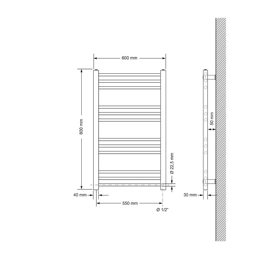Dessin technique d'un radiateur sèche-serviettes avec dimensions.