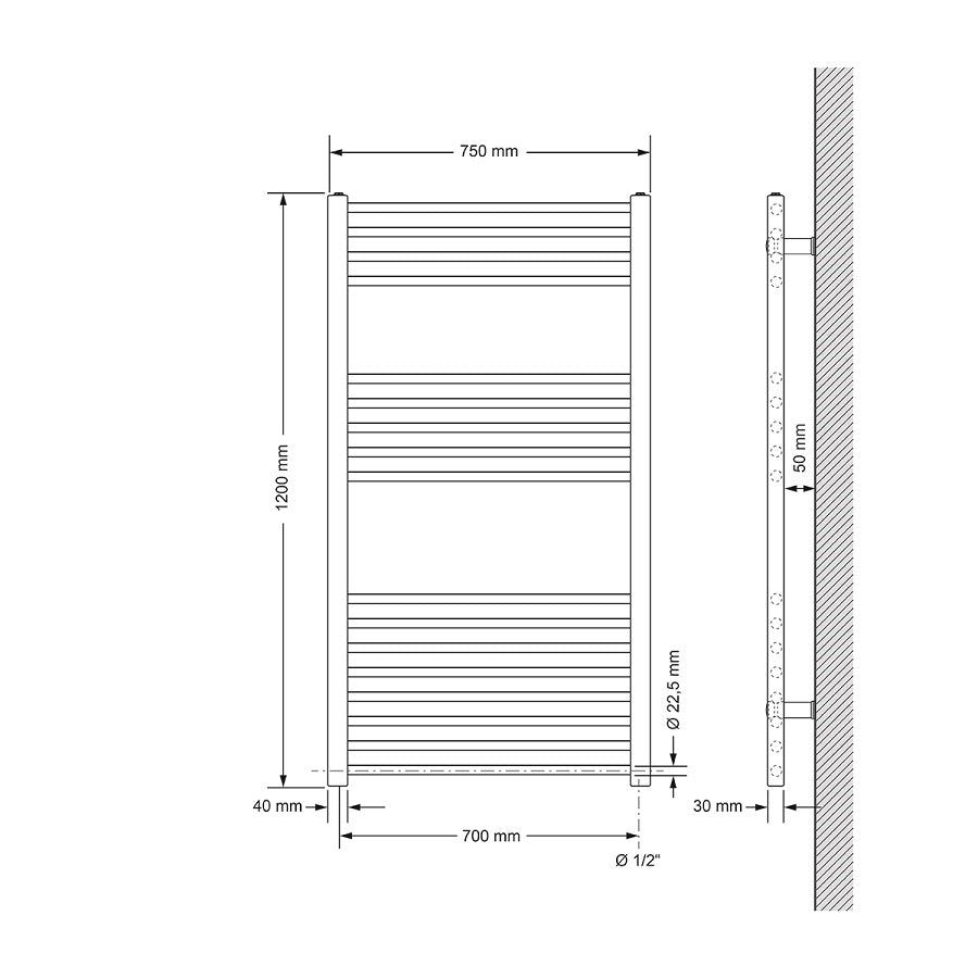 Dibujo técnico de un radiador recto con medidas.