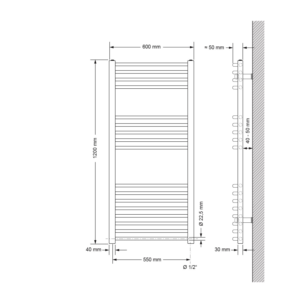 Technische tekening van een gebogen radiator, afmetingen 60x120 cm.