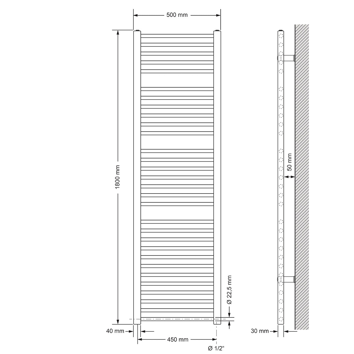 Technische Zeichnung eines geraden Heizkörpers, Maße 50x180 cm.