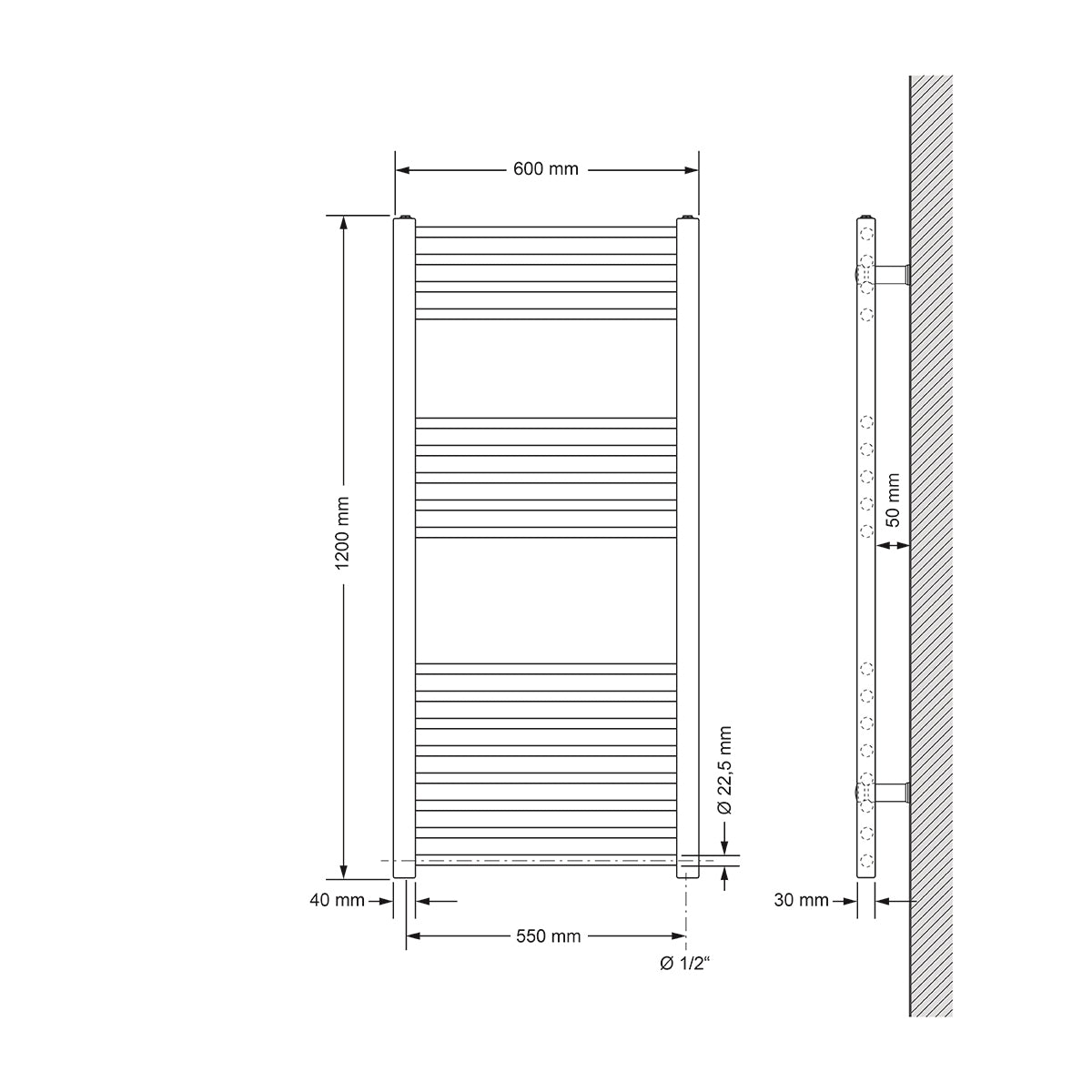 Dibujo técnico de un radiador recto, medidas 60x120 cm.
