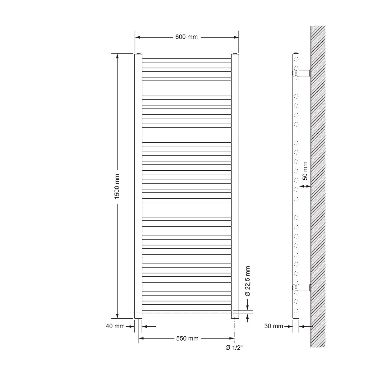 Tekninen piirustus suorasta lämpöpatterista, mitat 600x1500 mm.