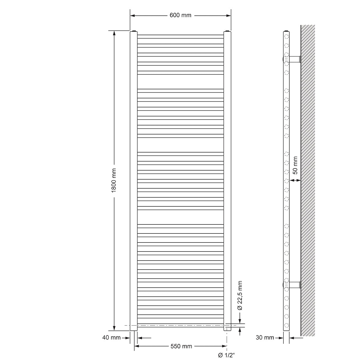 Technische Zeichnung eines geraden Heizkörpers, Maße 600x180 mm.