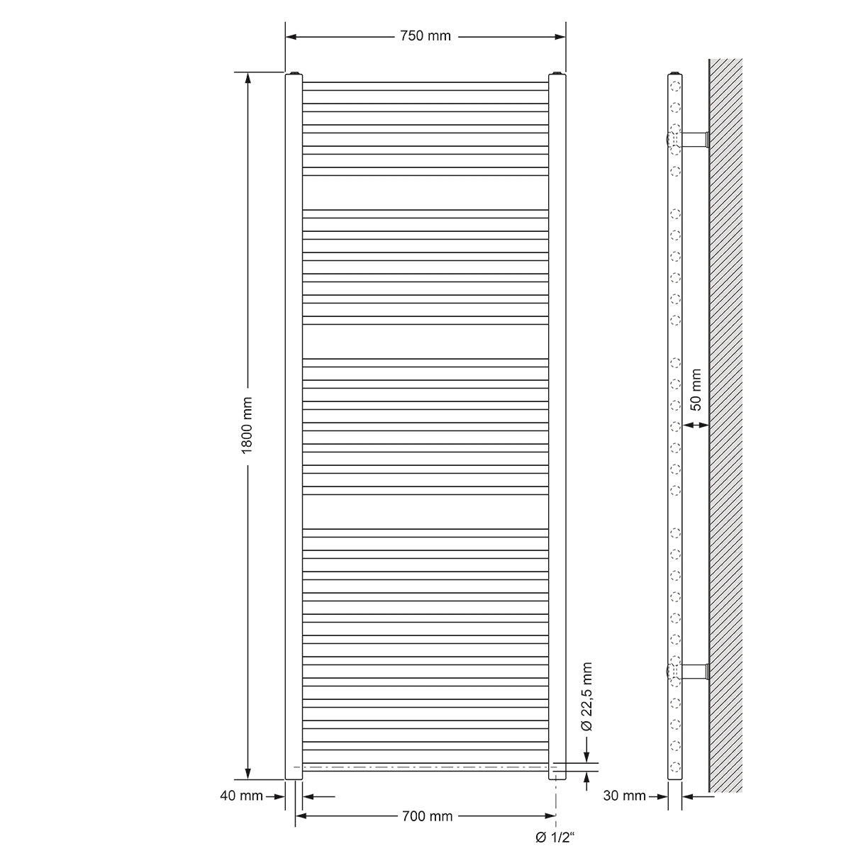 Technische Zeichnung eines geraden Heizkörpers, Maße 75x180 cm.