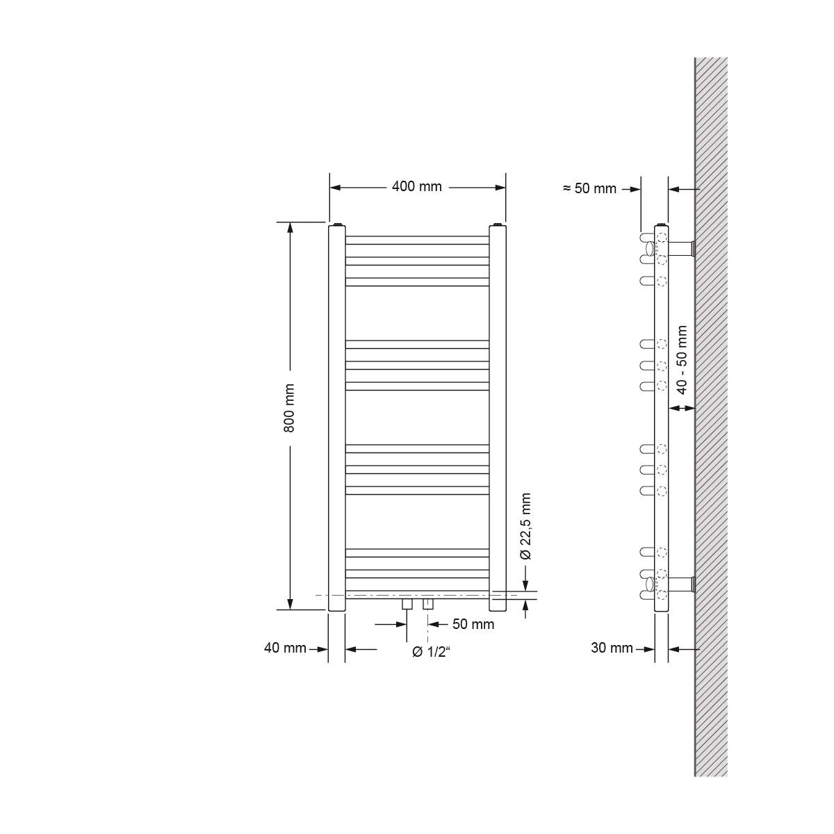 Műszaki rajz egy ívelt radiátorról, méretek 400x800 mm.