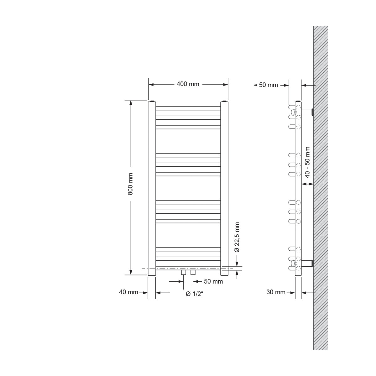 Technische Zeichnung eines Heizkörpers mit Maßen 400 mm x 800 mm.