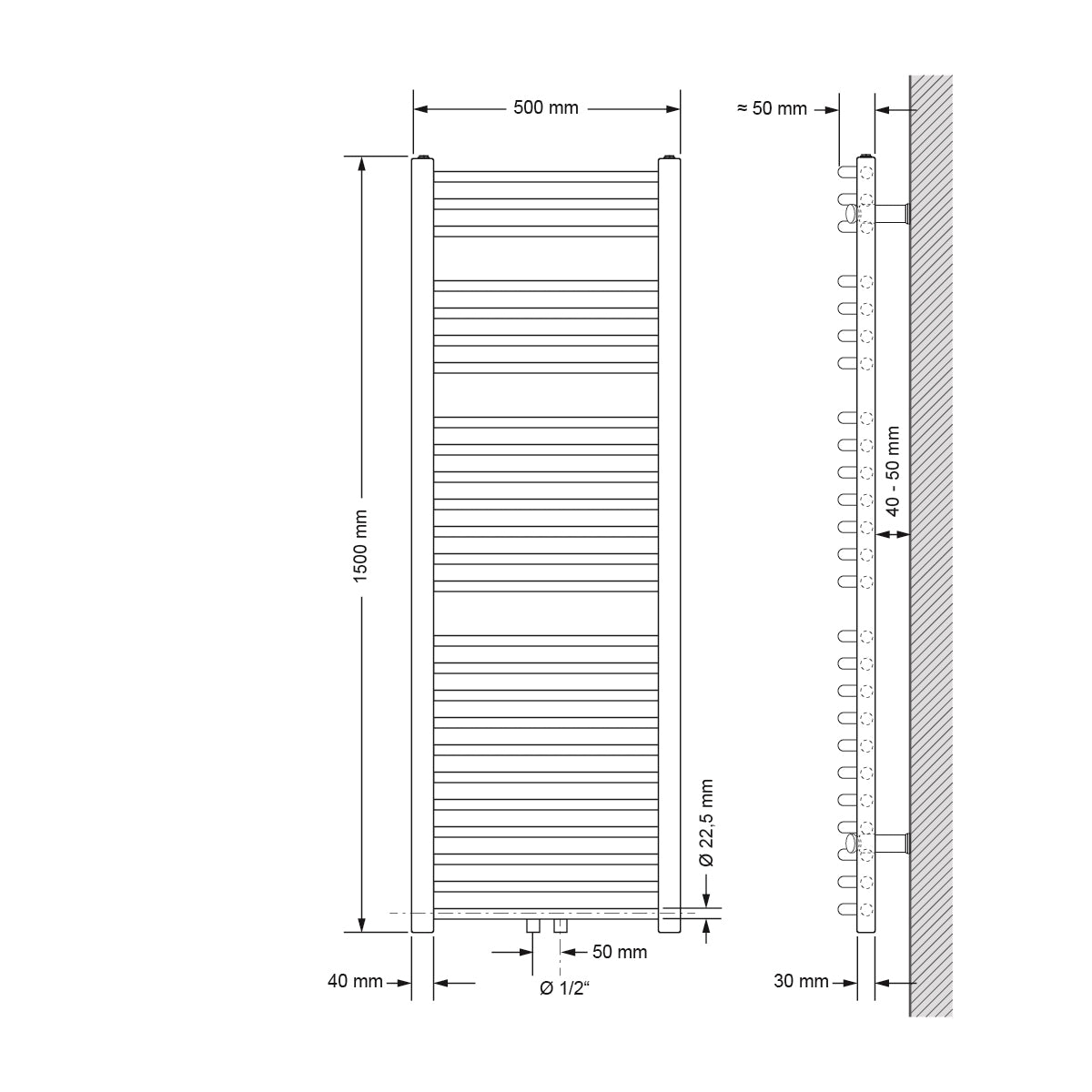 Dibujo técnico de un radiador curvado, dimensiones 500x1500 mm.