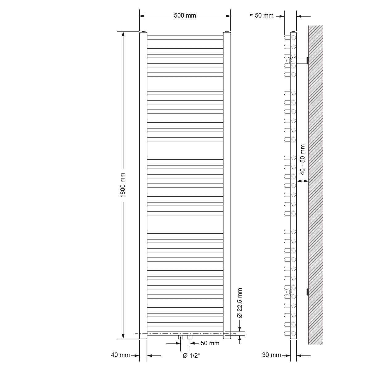Technische Zeichnung eines gebogenen Heizkörpers, Maße 500x1800 mm.