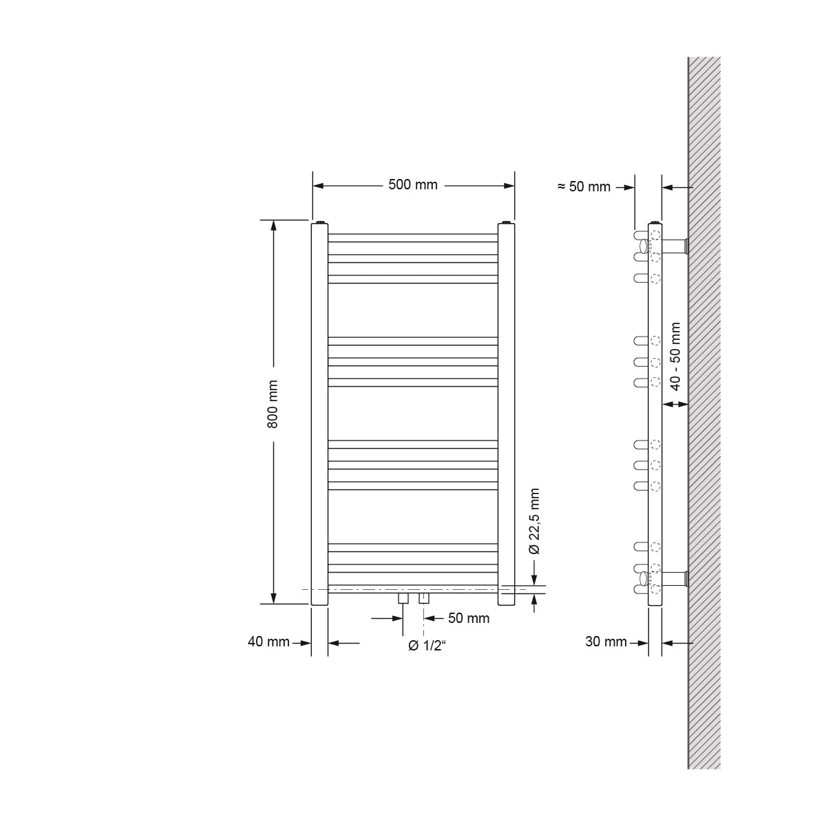 Dibujo técnico de un radiador curvado, medidas 50x80 cm.
