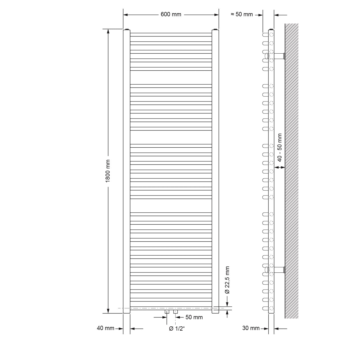 Technikai rajz egy ívelt radiátorról, 600 mm széles és 1800 mm magas.
