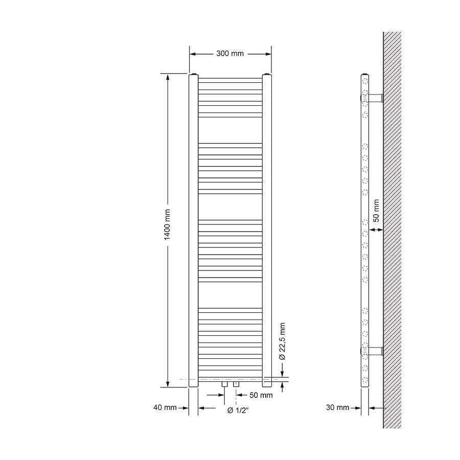 Rysunek techniczny grzejnika, wymiary 300 mm x 1400 mm.