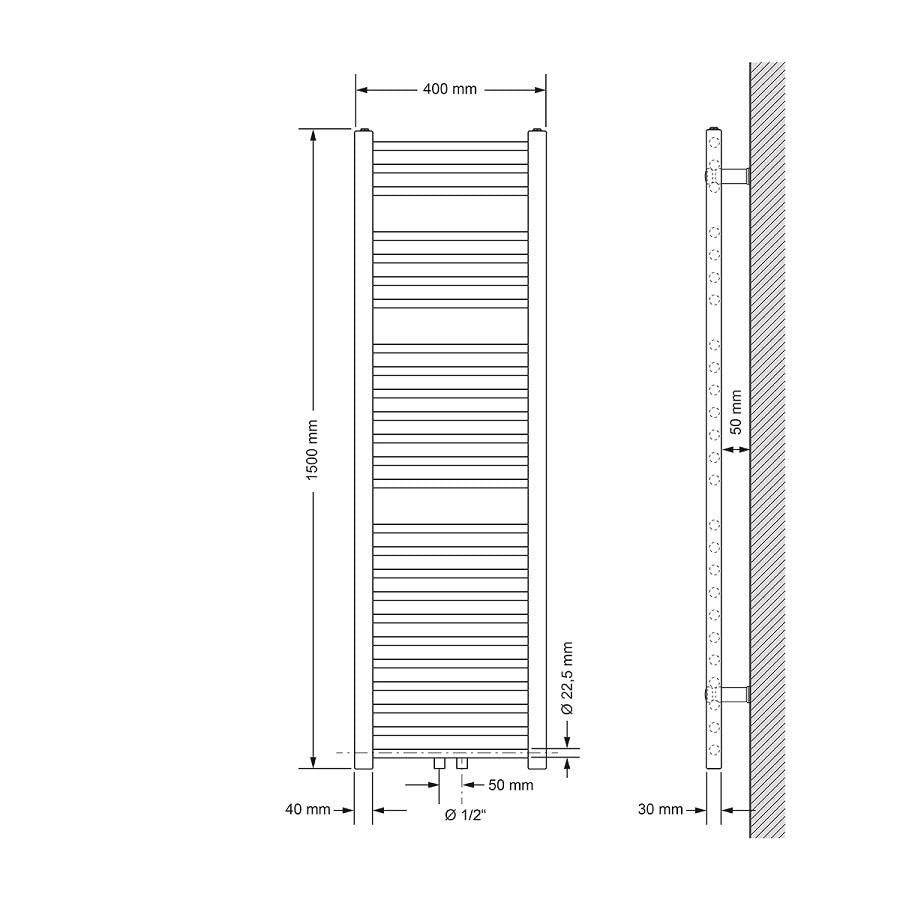 Technical drawing of a radiator, dimensions 400 mm x 1500 mm.