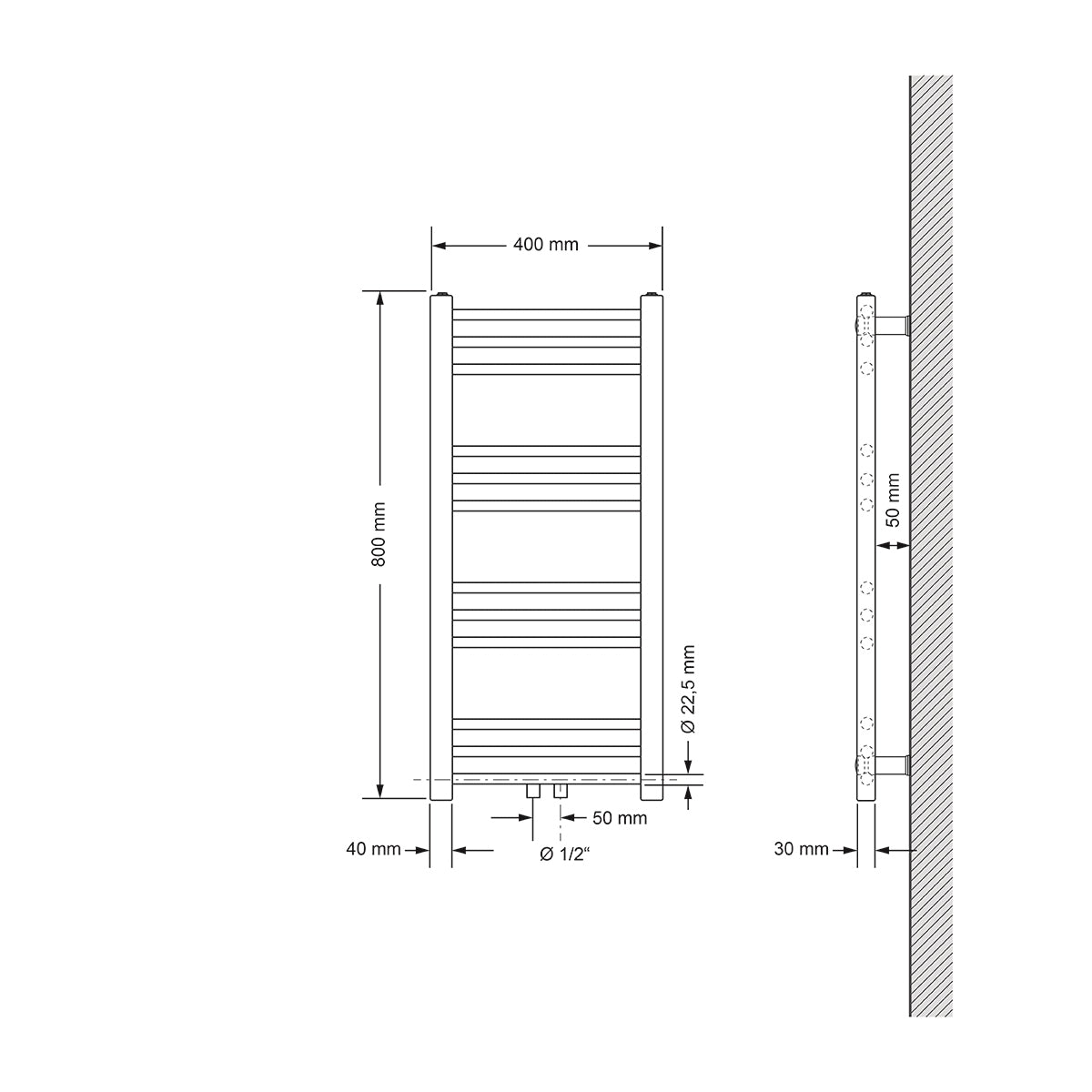 Egy radiátor műszaki rajza, méretek: 400 mm x 800 mm.