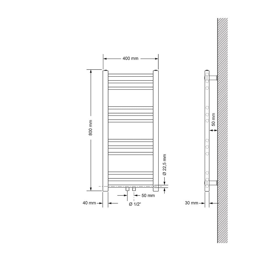 Dibujo técnico de un radiador, medidas 400 mm x 800 mm.