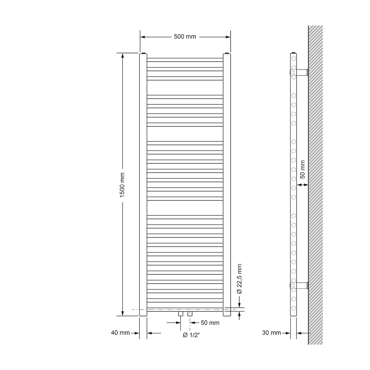 Dibujo técnico de un radiador, medidas 500 mm x 1500 mm.