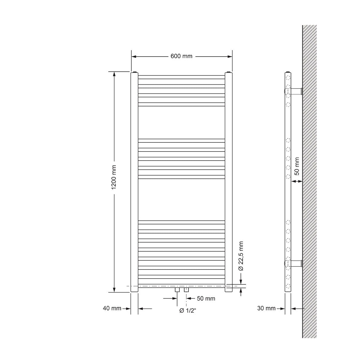Disegno tecnico di un radiatore, misure 600 mm x 1200 mm.