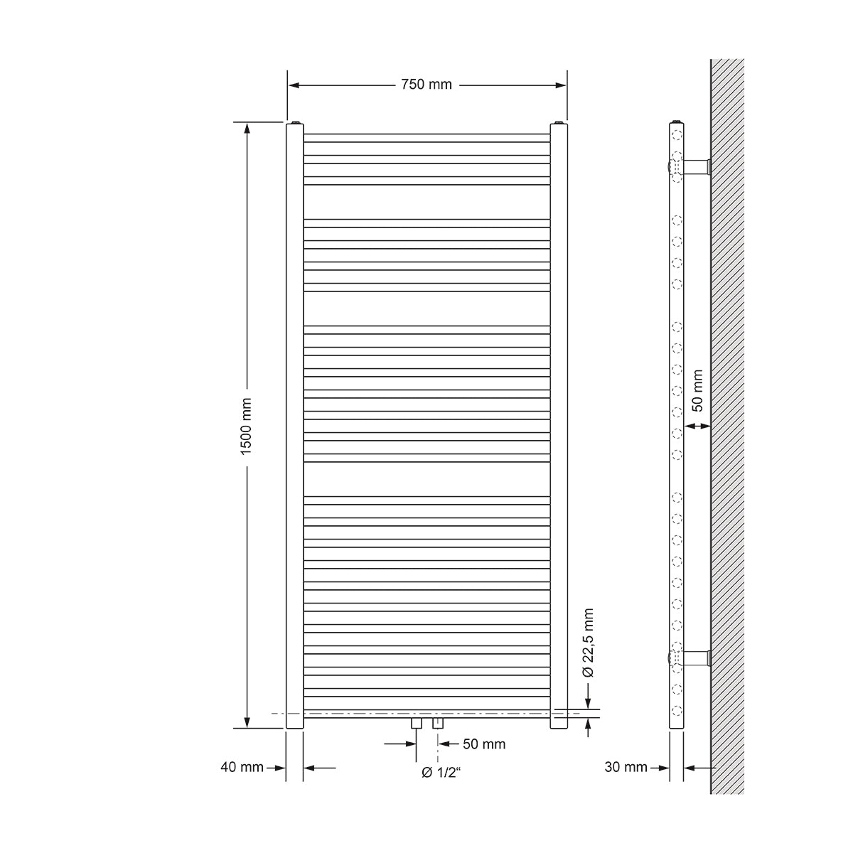Technický výkres radiátoru, rozměry 750 mm x 1500 mm.