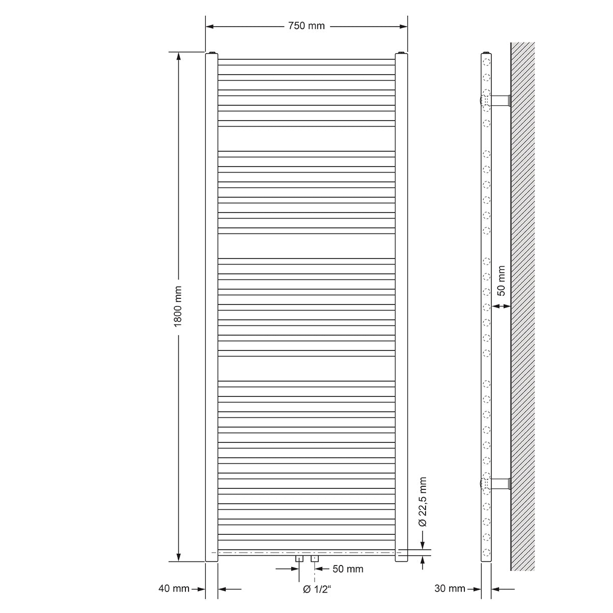 Tekninen piirustus lämmityspatterista, 750 mm leveä ja 1800 mm korkea.