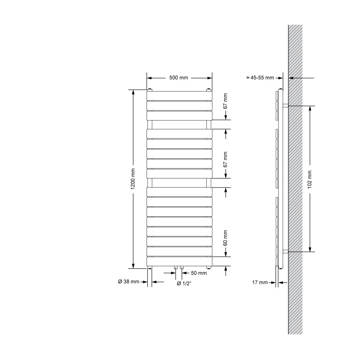 Disegno tecnico di un radiatore con misure.