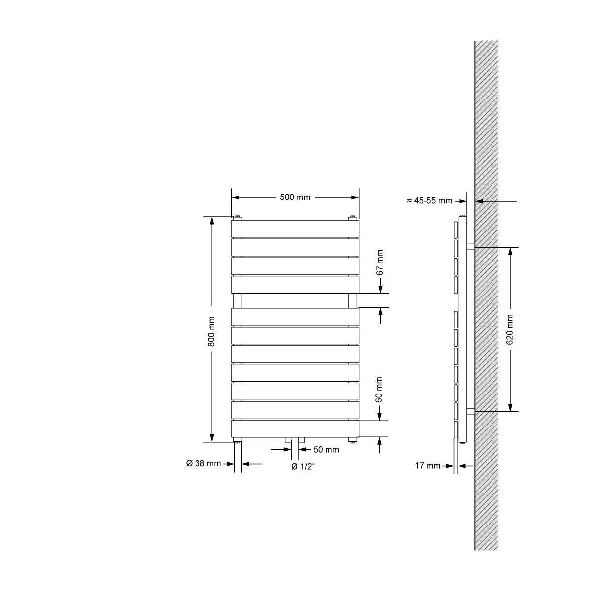 Műszaki rajz egy radiátorról, méretek 500x800 mm.