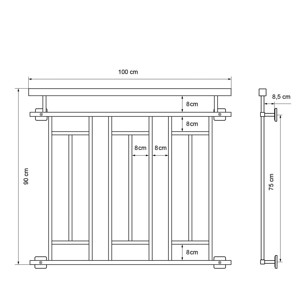 Technical drawing of a piece of furniture with dimensions and details.