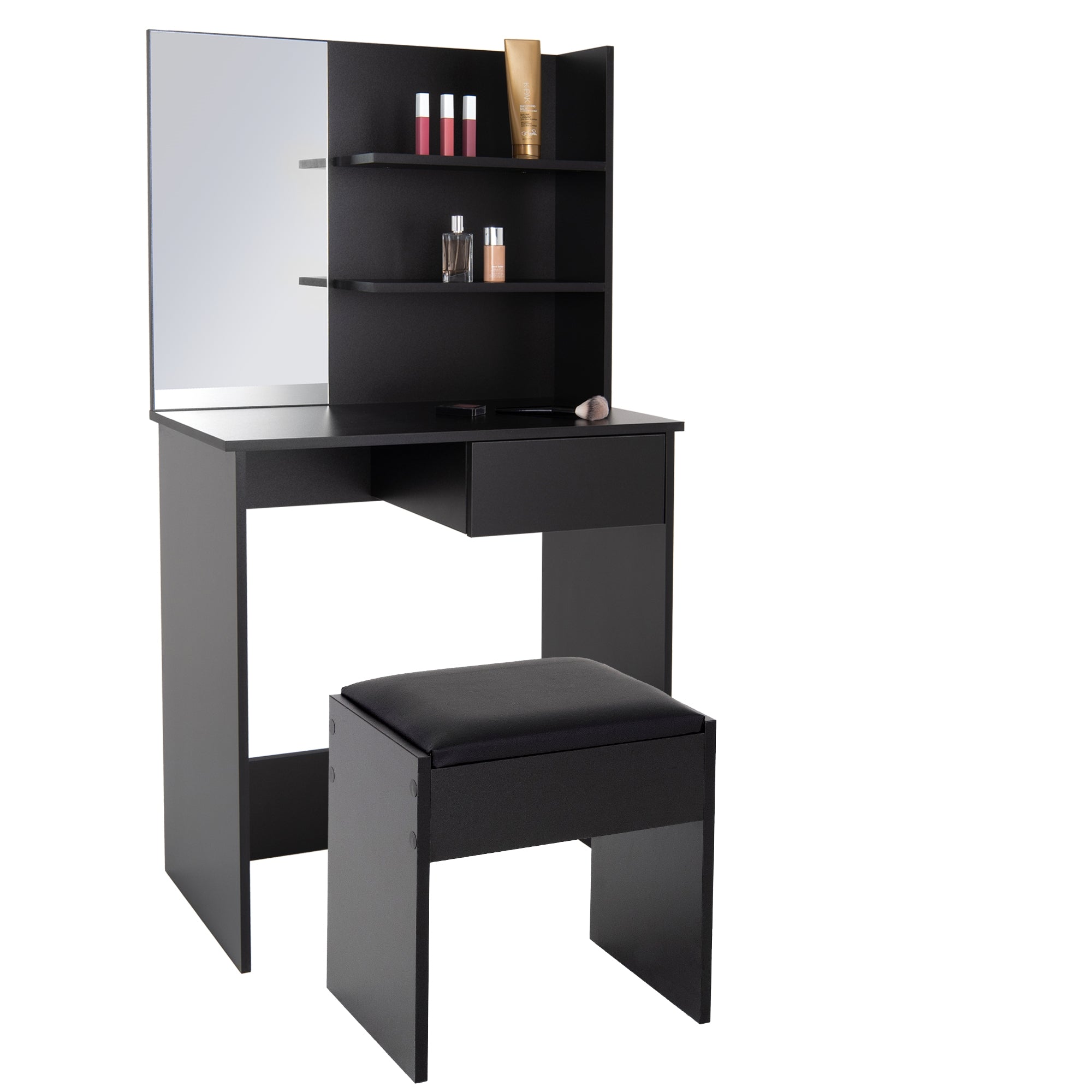 Schminktisch in Schwarz mit Spiegel und Regalen, dazu ein Hocker.