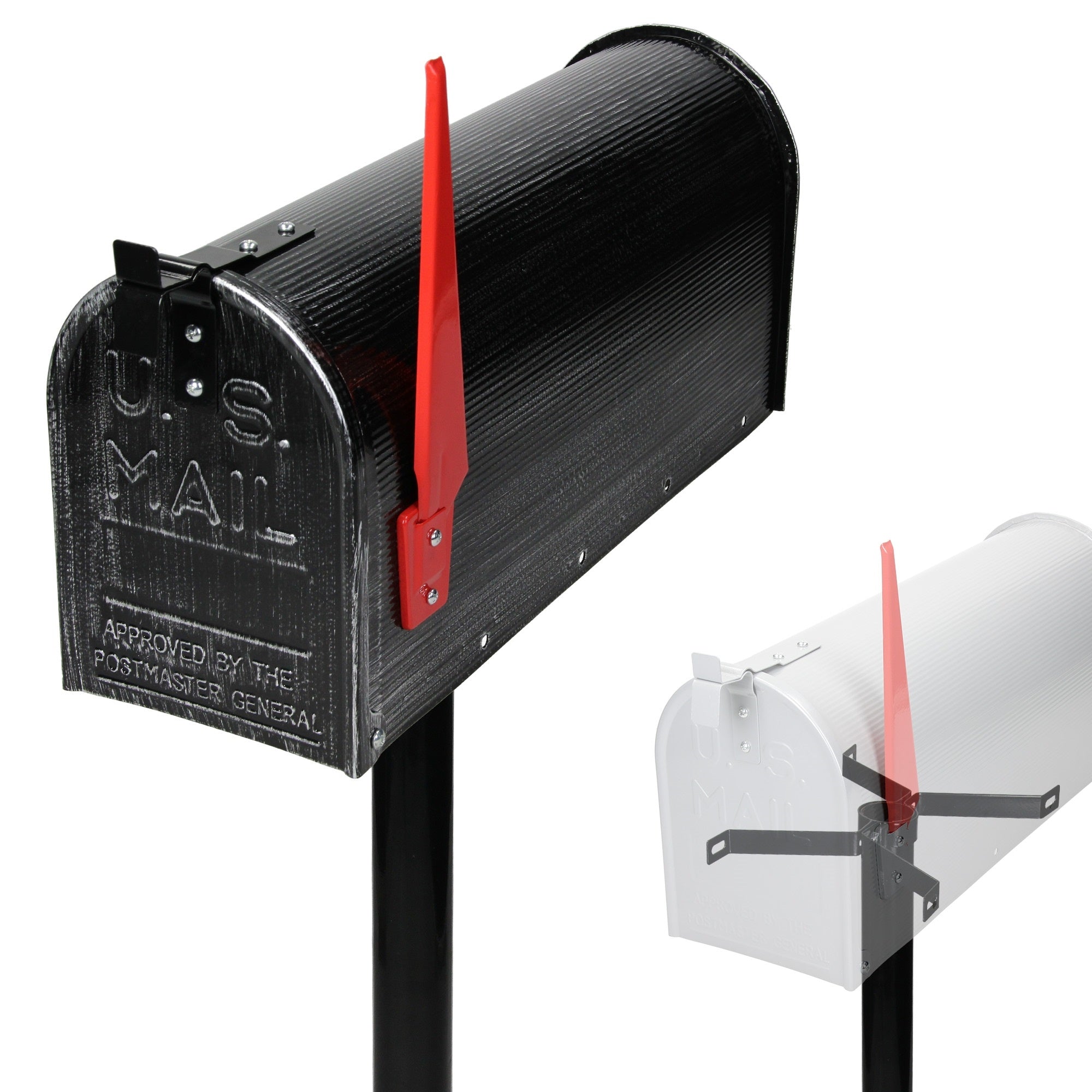 Dos buzones, uno negro con palanca roja, el otro blanco.