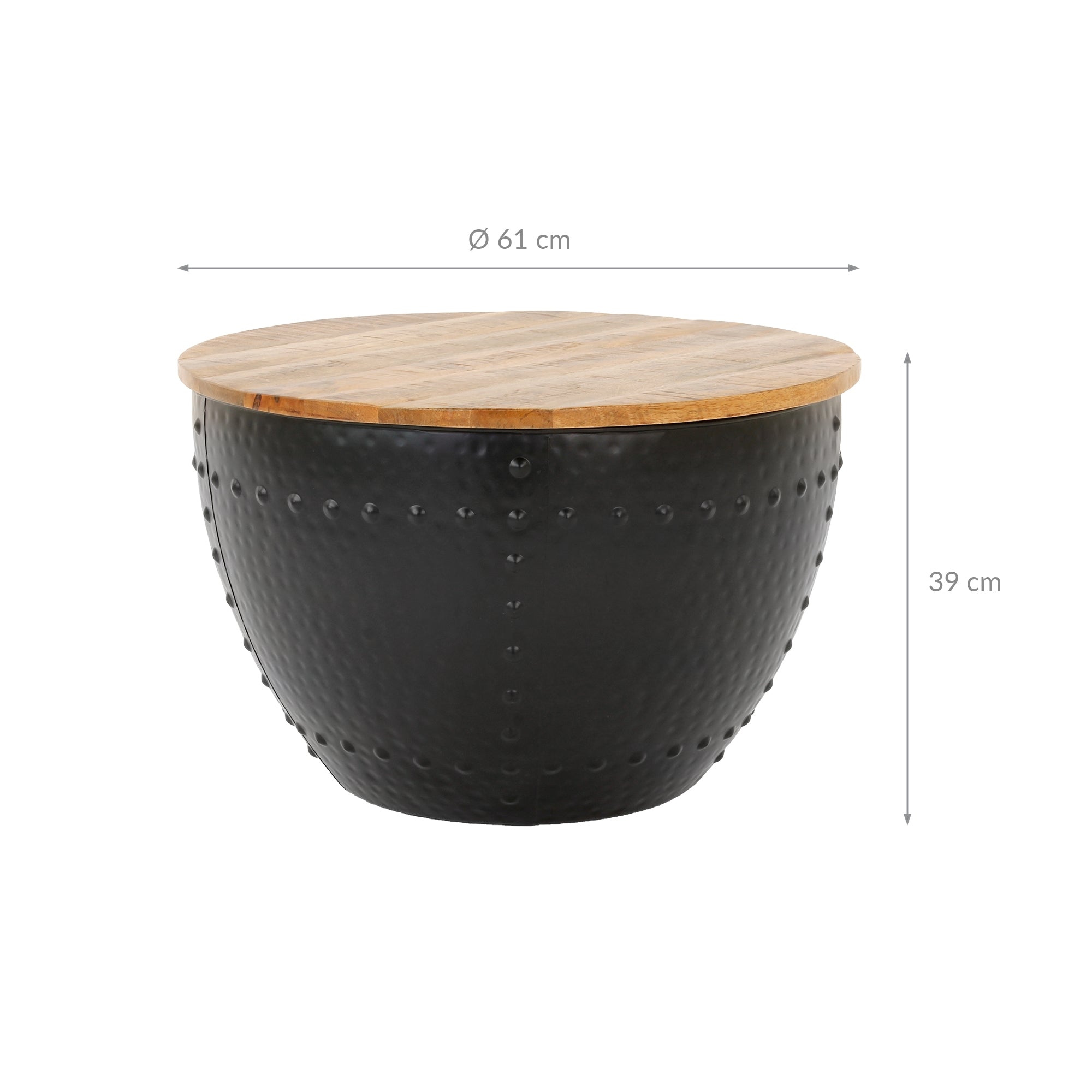 Round table with wooden top and black, textured base, diameter 61 cm, height 39 cm.