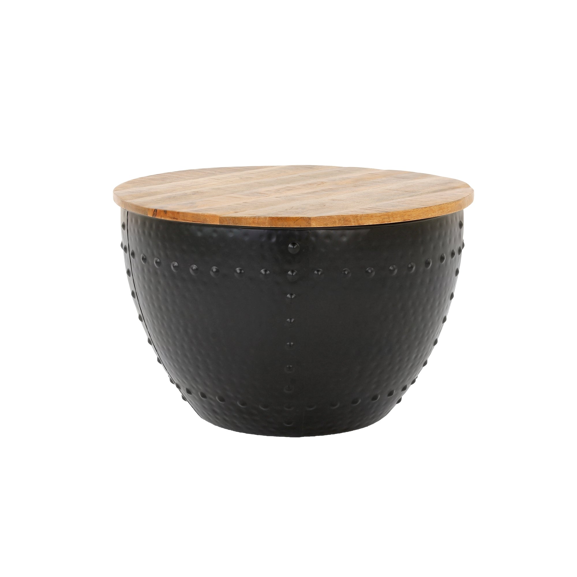 Ronde salontafel met zwart frame en houten blad.