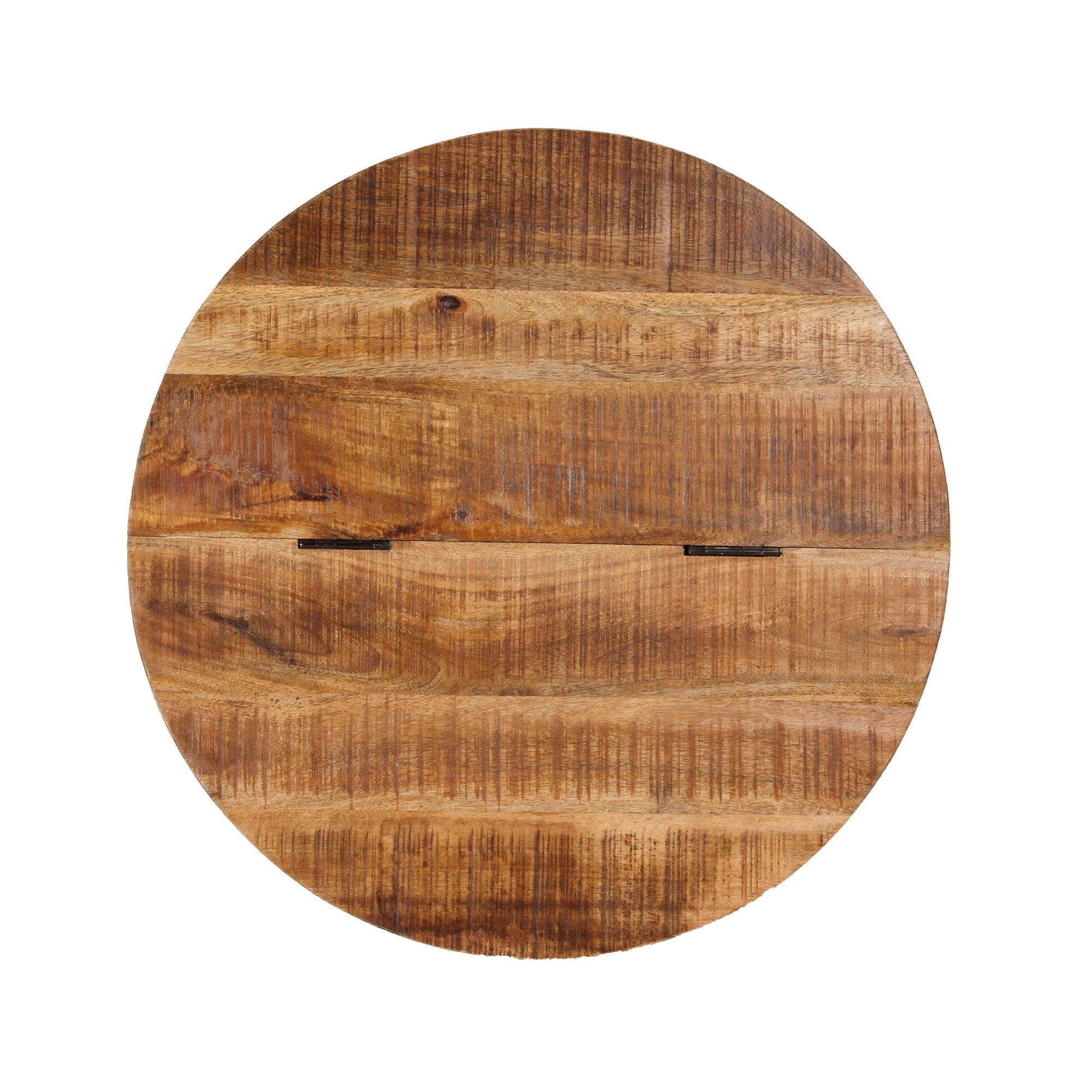 Runder Holztisch mit sichtbaren Holzmaserungen auf einem weißen Hintergrund.